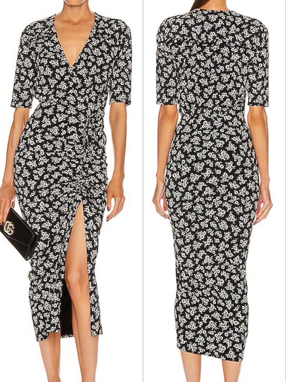 Veronica Beard Black and White Mariposa Floral Midi Wrap Dress with front Slit